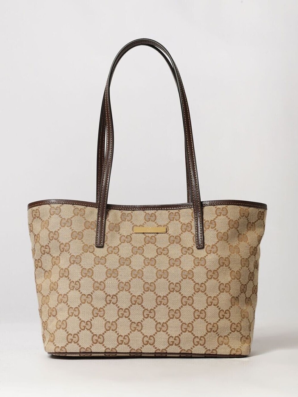 Gucci GG Canvas Shopper Tote Leather Beige Tan